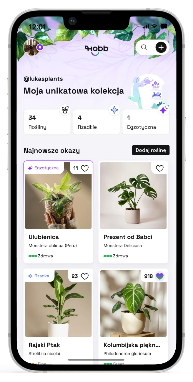 Ekran aplikacji HOBB przedstawiający spokojną opiekę nad roślinami i przypomnienia.