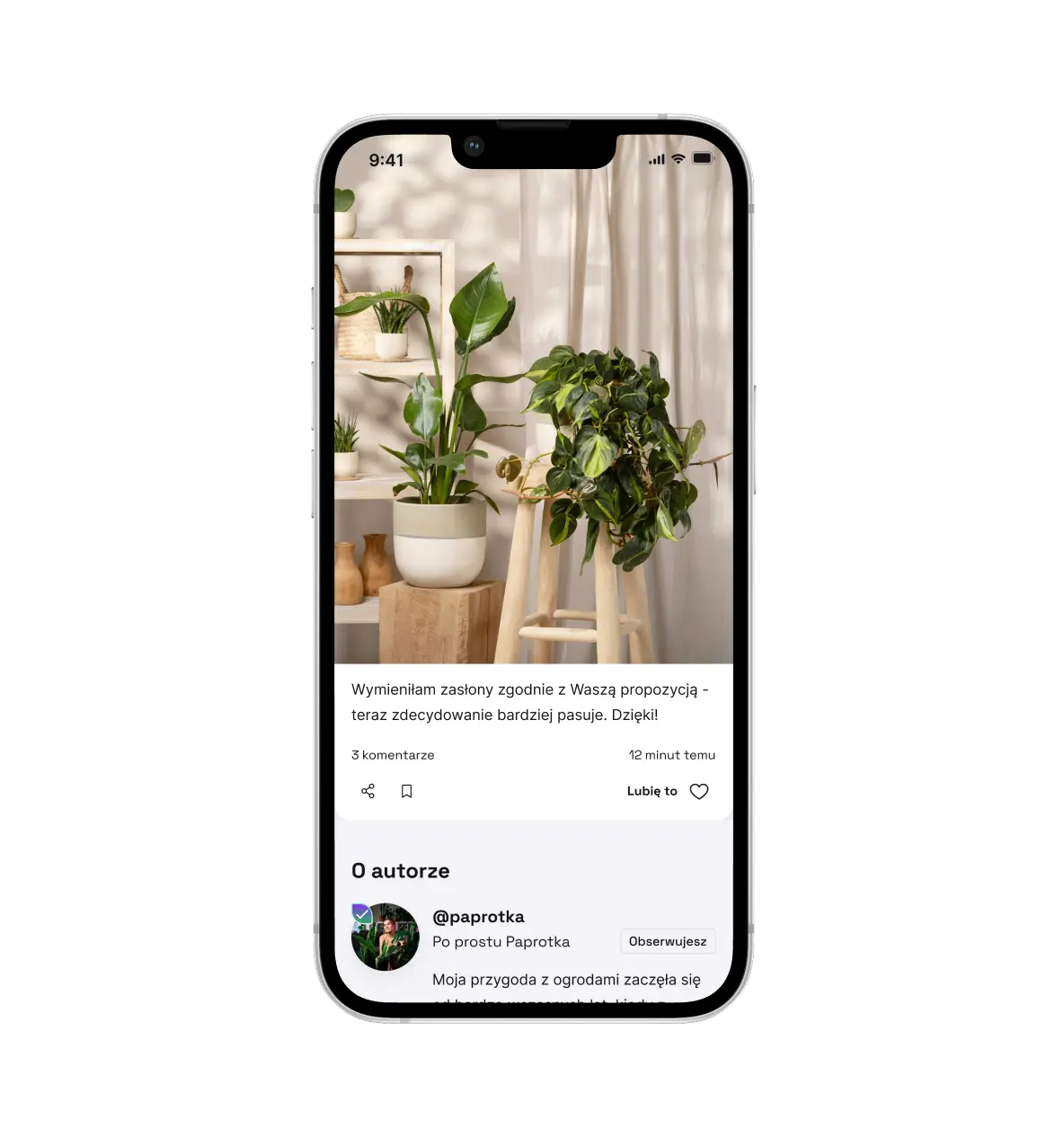 Ekran aplikacji HOBB przedstawiający post społeczności.